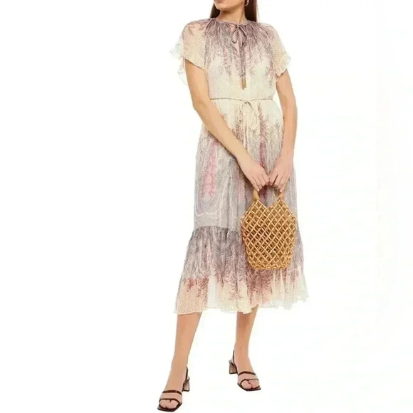 ZIMMERMANN Silk Midi Dress Lucky Flutter Braid Belt Tie Paisley Tassel AU 1 US 6 - Picture 3 of 8